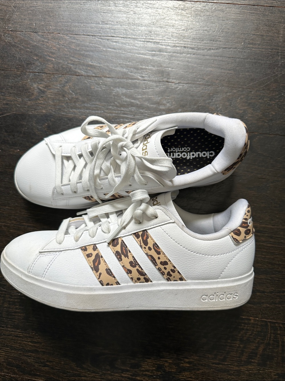 adidas White Sneakers with Leopard-Print Stripes and Heel